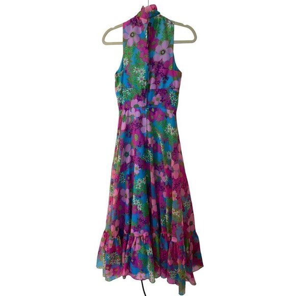 Vintage Floral Maxi Dress Size Small Pink Blue Ruffle Trim High Neck Tiered - Picture 2 of 16